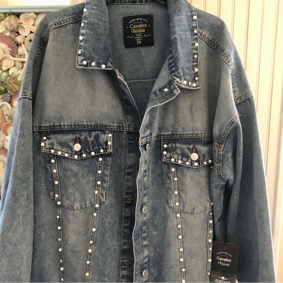 NWT! Denim Vintage Stonewashed Embellished Pearl Rhinestone Coat 2X - Picture 2 of 13